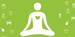 Illustration in grün-weiß: Meditierender inmitten von Konsumartikeln