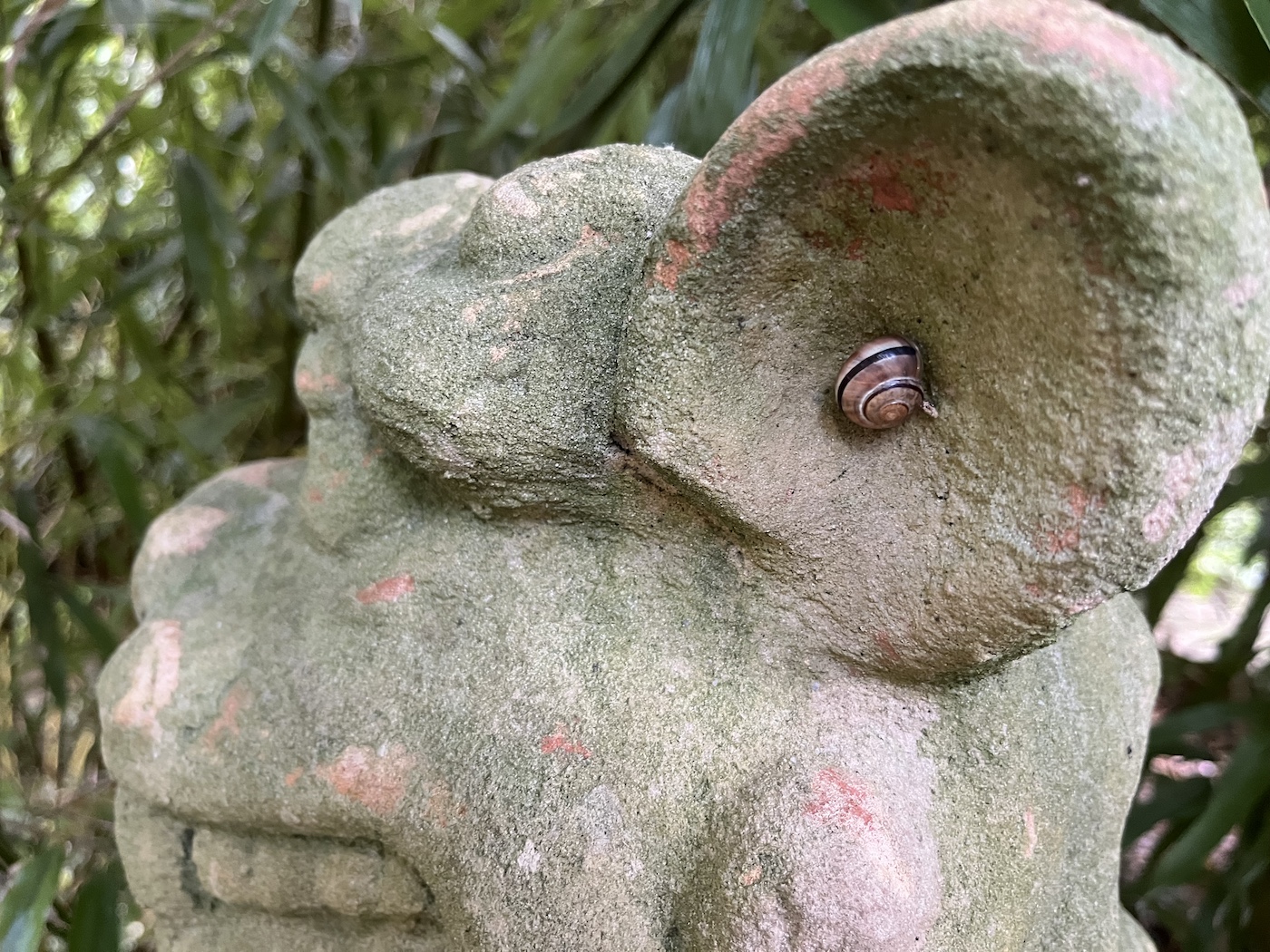 Skulptur eines steinernen Tieres, löwenähnlich, mit großem Ohr. In der Mitte des Ohres: eine kleine Schnecke. Foto: © Laelia Kaderas