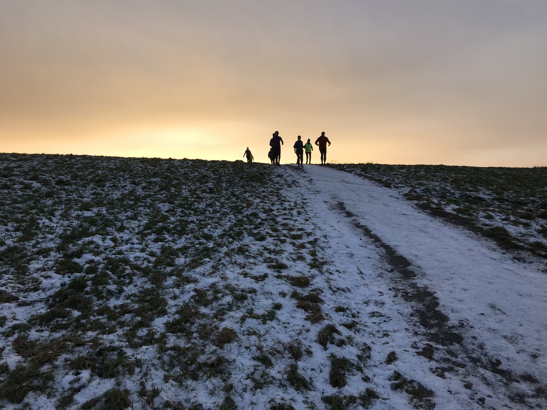 In der Abendsonne erscheint eine Gruppe von Läufern oben auf einem Hügel (Oldenburger Utkiek) ; jetzt geht es bergab. Und zwar im Schnee, mit vereisten Stellen.