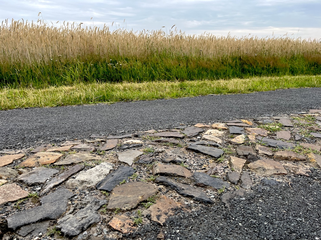 ländliche Fahrstraße; in der Mitte sehr holperige Feldsteine, rechts und links davon kleinteiliger Schotter, eben. Am Wegesrand: Getreide mit erntereifen Ähren